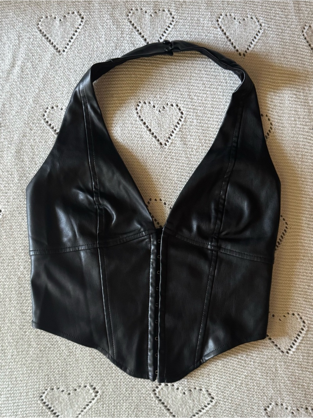 BLACK FAUX LEATHER HALTER CORSET TOP